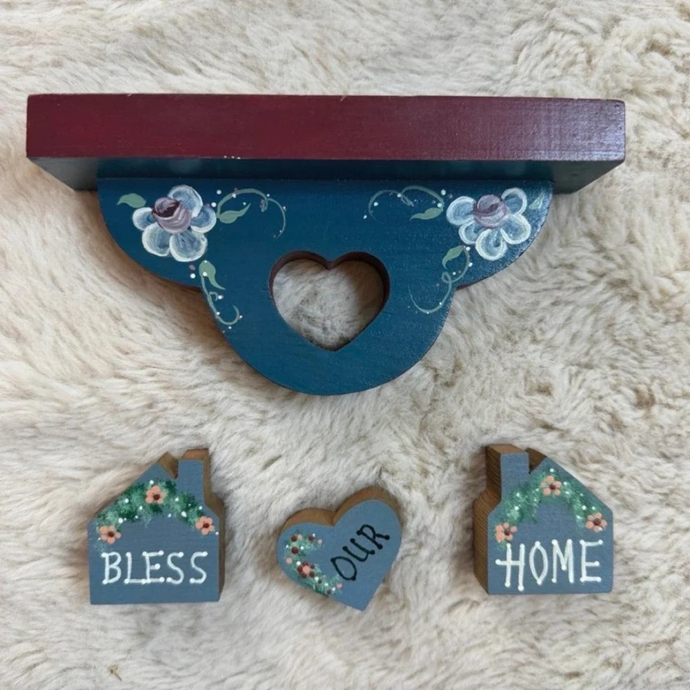 Vintage hand painted Bless Our Home Shelf with Heart Cutout and Wooden Signs